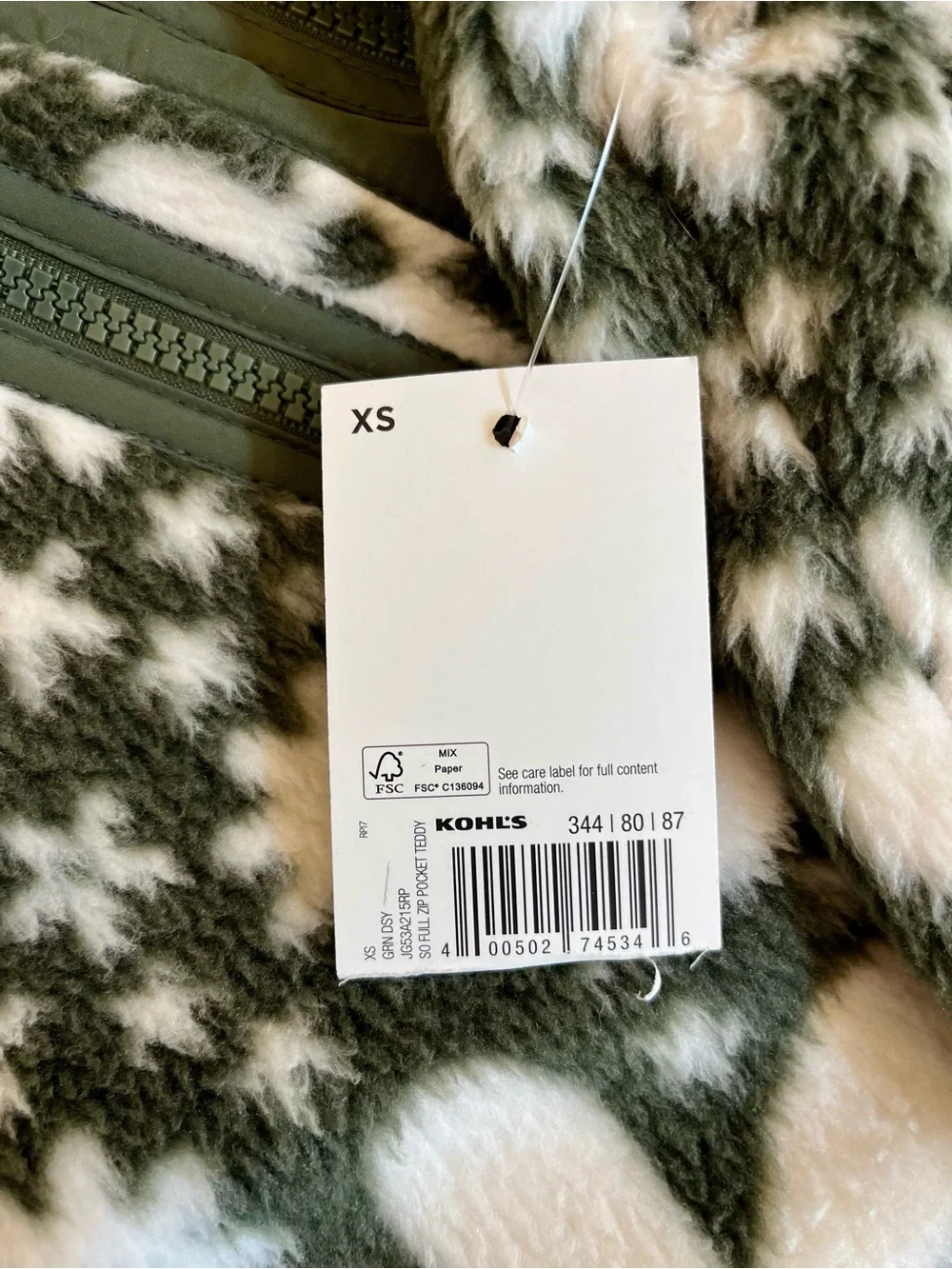 SO Full Zip Teddy Fleece Jacket - Green Floral- Juniors XS - NEW With Tag